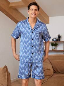 男士夏季字母印花單排釦短袖上衣和短褲居家套裝