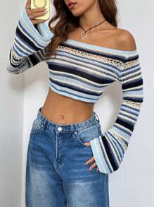 SHEIN EZwear 多色宽松露肩镂空条纹女士短款长袖毛衣、长袖上衣 - 彩色 - 查看 4
