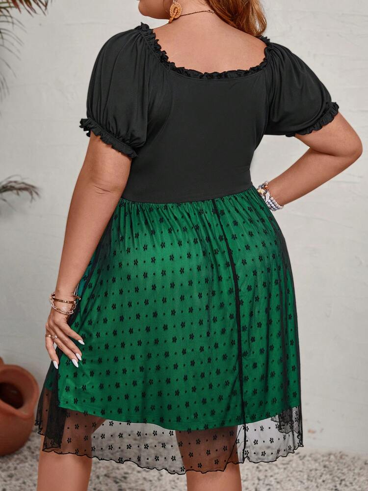 Plus Size Vacation Puff Sleeve Colorblock Mesh Contrast Dress