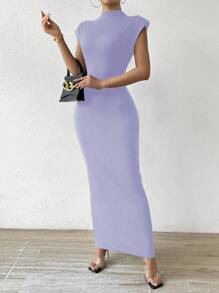 SHEIN Privé Vestido de verano para mujer con cuello alto, manga corta y ajustado al Body de unicolor - Morado - Ver 4