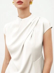 SHEIN BIZwear Camisa elegante de verano para mujer con cuello de soporte, mangas cortas plisadas y un unicolor