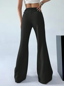 SHEIN EZwear Bộ đồ đơn giản màu trơn quần ống loe thường ngày cho nữ - màu đen - Xem 2