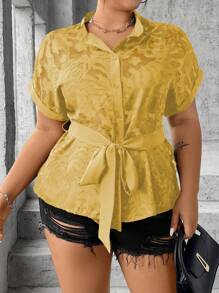 SHEIN Unity Plus Size Single-Breasted Batwing Sleeve Shirt With Waist Belt For Summer - Yellow - View 3
