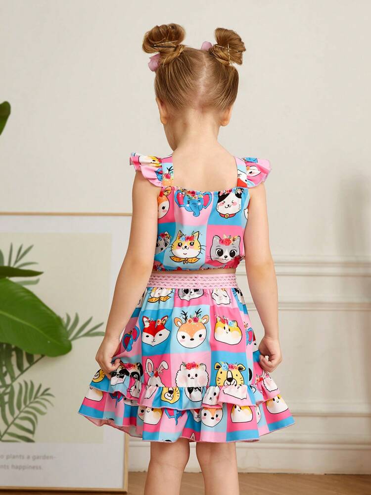 Young Girl Knitted Cute Animal Pattern Tank Top & Knitted Skirt Set