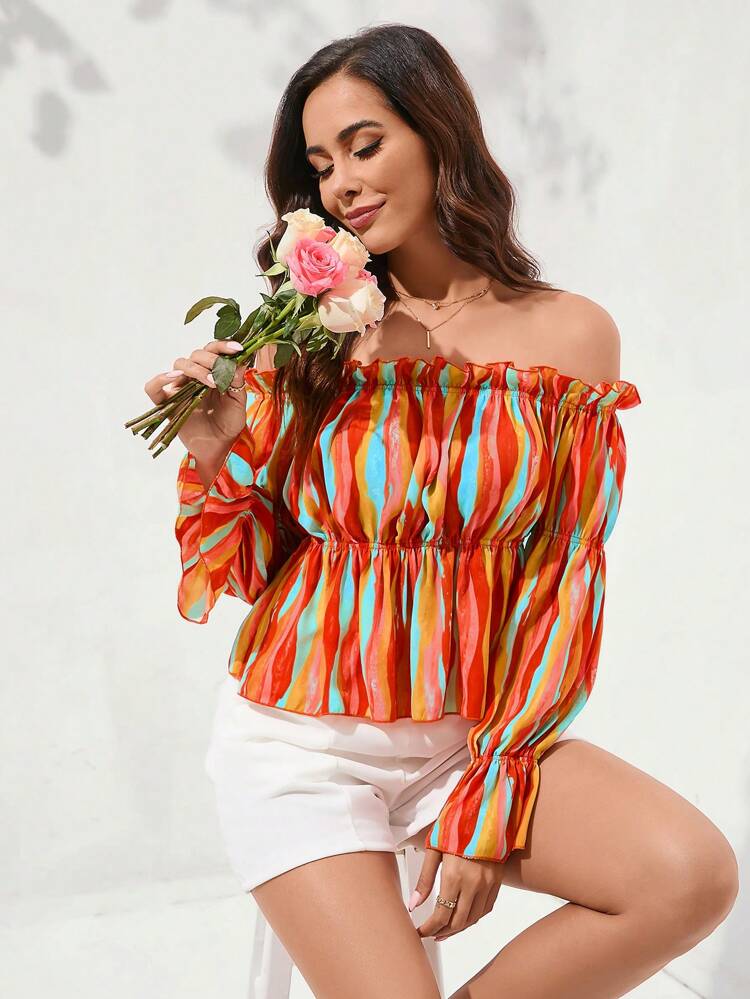 Off-Shoulder Colorful Ruffle Waist Slim Fit Shirt With Lotus Sleeves, Summer For Women