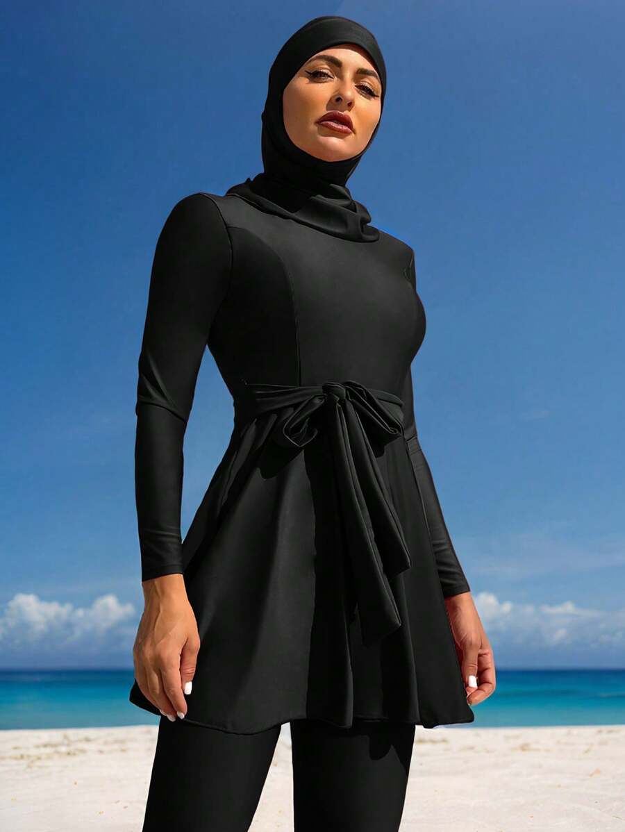 Swim Mulvari Women's Summer Beach Tankini Set 3 Pieces, Wireless Top, Waist Belted Solid Color Tankini Set, Including Pants And Hat