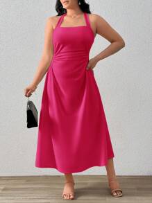 SHEIN Privé Plus Size Ruched Spaghetti Strap Midi Dress In Light Apricot Color, Elegant Style For Daily Wear Or Date - Hot Pink - View 3