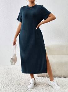 SHEIN Essnce Vestito Maglietta a righe casual taglia più donna, manica corta, con spacchi, primavera/estate