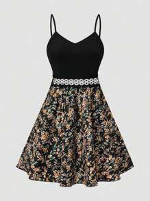 SHEIN LUNE Women's Ditsy Floral Print Splice Strappy Dress - Multicolor - View 4