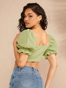 SHEIN Haute Elegante crop top de manga abullonada con textura verde - Verde - Ver 2