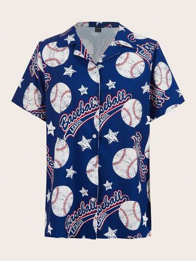 EMERY ROSE Women's Summer Casual Baseball Star & Letter Printed Short Sleeve Shirt