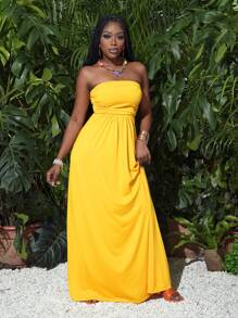 Slaydiva Casual Yellow Ruched Strapless Bodycon Tube Dress - Yellow - View 6