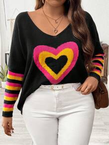 Calvaya 加大尺碼V領愛心圖案套頭長袖毛衣