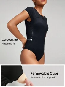 GLOWMODE FeatherFit™ U-Back Thong Bodysuit Light Support Yoga Studio Gym Daily - Black - View 3