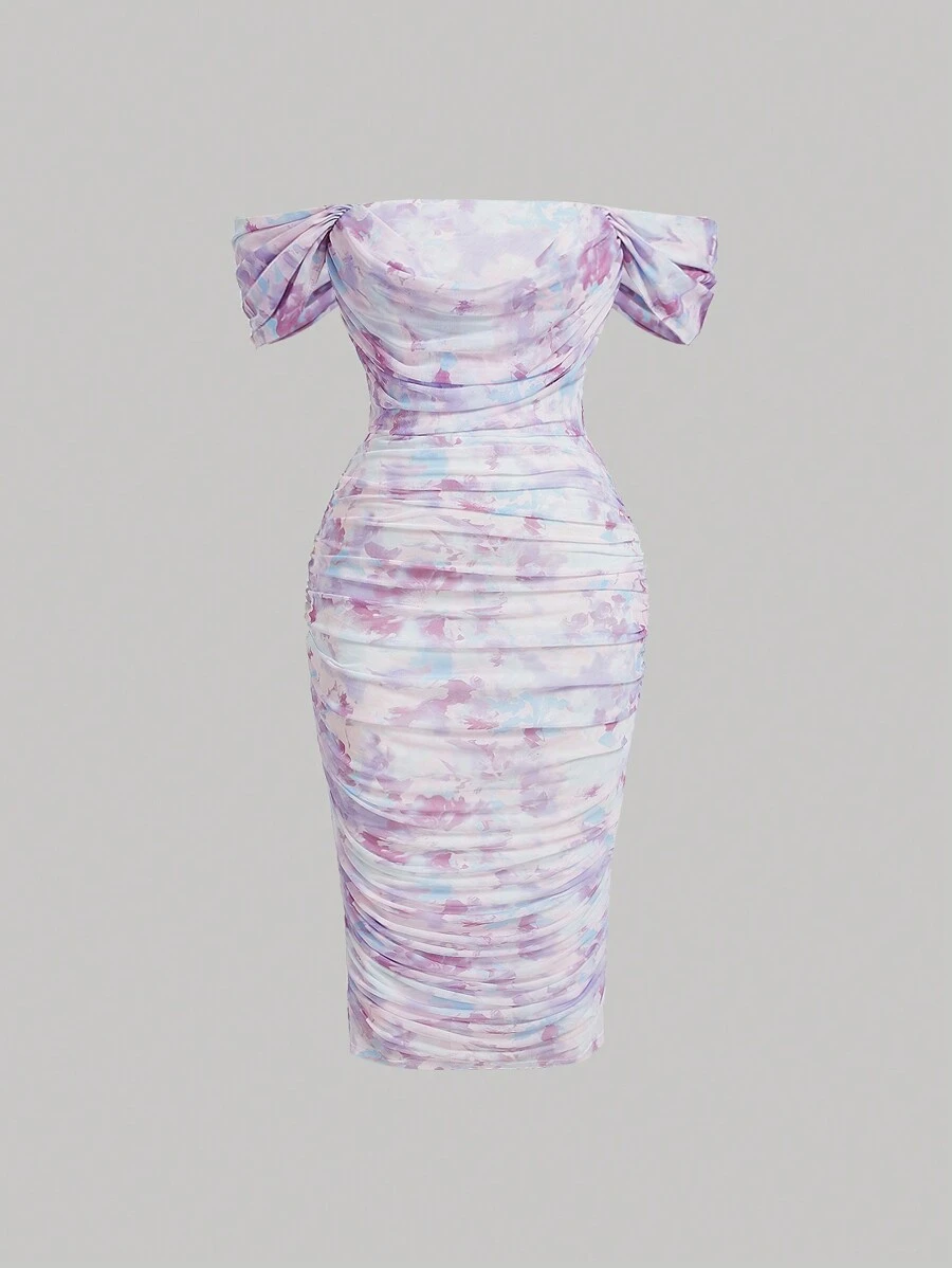 SHEIN MOD Plus Size Women's Pink Ombre Floral One Shoulder Pleated Evening Dress For Date Night, Party, Formal,Mother Day Dress,Summer Dress,Birthday Dresses For Women - Violet Purple - View 1