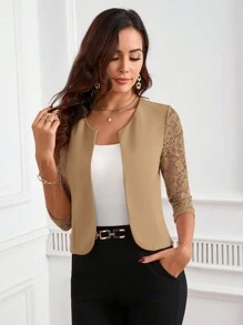 SHEIN Clasi Women's Sleeve Lace Patchwork Open Front Blazer Jacket In Fall/Winter - Camel - View 4