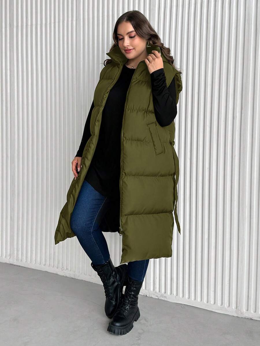 SHEIN Cottnline 加肥加大碼無袖棉袄背心 - 墨綠色 - View 1