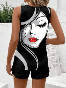 EMERY ROSE 女士肖像印花無袖背心和短袖T恤套裝，適合夏季穿著