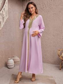 SHEIN Đầm bà bầu cổ chữ V dài tay vừa vặn với thiết kế mối nối - Màu tím hoa cà - Xem 4