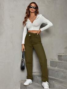 SHEIN Frenchy 女士實色簡約日常穿著牛仔褲 - 軍綠色 - 查看 5