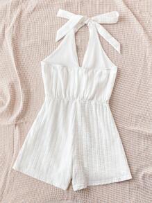 Soleia WYWH Women's Vacation Style White Textured V-Neck Front, Criss-Cross Back Bow Romper, Versatile Beach/Music Festival Summer Outfit, Bohemian