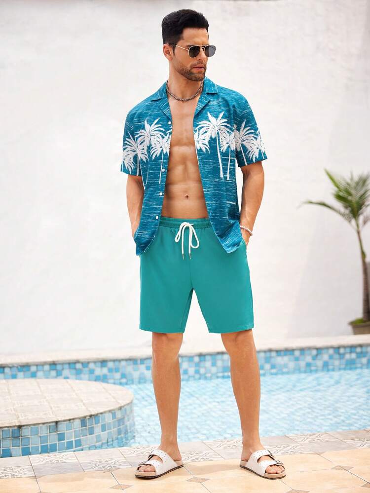 2pcs Men's Summer Lightweight Breathable Beach/Surf Outfit - Hawaiian Shirt With Tropical Scenery Print And Shorts, Beachwear