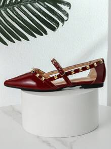 New Arrival Women's Fashionable Pointed Toe Flat Shoes With Rivets And Hollow Out Design - Burgundy - View 3