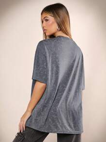 Denimoi Women's Letter & Floral Print Drop Shoulder T-Shirt - Dark Grey - View 2