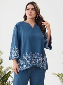 Mulvari Women's Plus Size Fashion Printed Long Sleeve Top And Pants Two Pieces Set - Blue - View 2