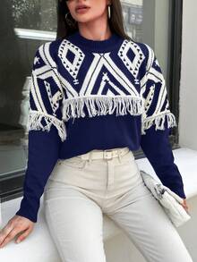 EURMUSE Geo Pattern Fringe Trim Drop Shoulder Sweater - Navy Blue - View 5