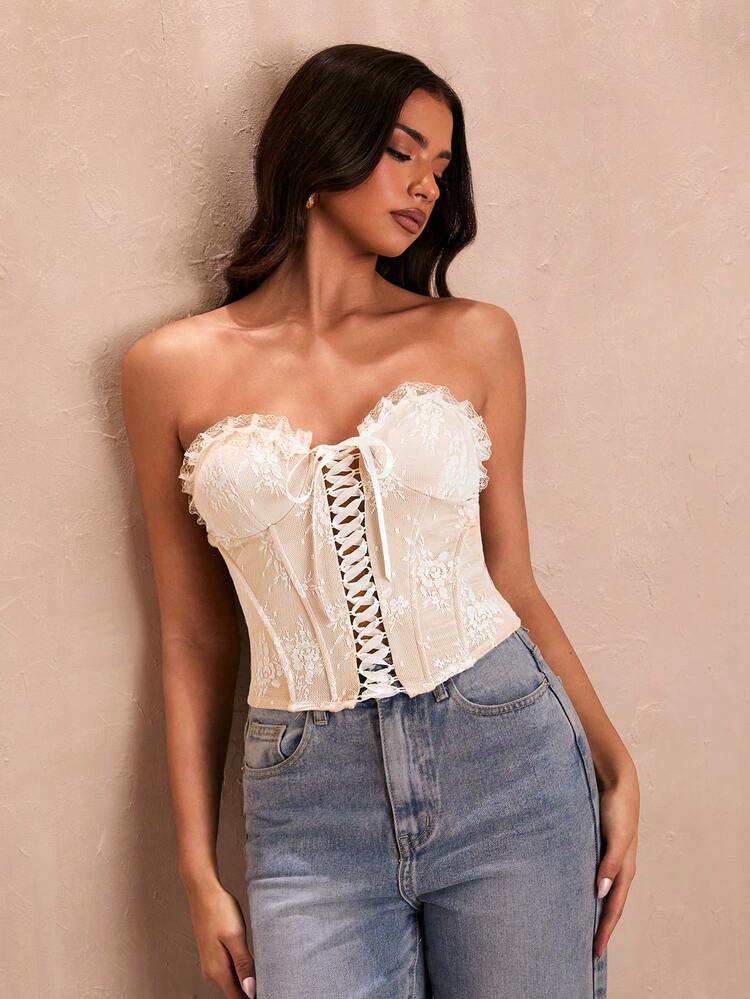 Summer White Lace Strap Detail Sexy Bandeau Women's Top
