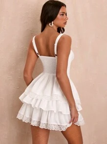 SHEIN BAE Summer White Sexy Sweetheart Neck Multiple Layers Lace Trimmed Women Skater Dress With Ruffle Hem