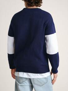 SHEIN Cottnline Men's Loose-Fit Sweater With Letter & Flower Knitting Design And Color Block Contrast - Navy Blue - View 2
