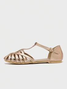 Women's Flat Hollow Roman Sandals With Straps - Champagne - View 3