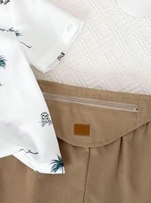 SHEIN Baby Boy Floral Patterned Short Sleeve Collared Romper With Plain Shorts And Bib Set, 3pcs