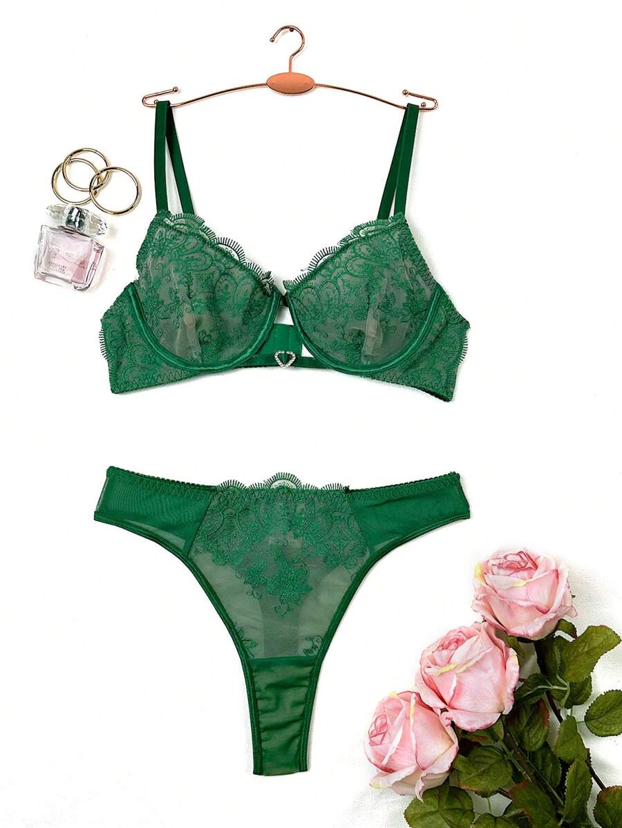 Áo ngực thêu lưới cỡ lớn có gọng, một mảnh - màu xanh lá - Xem 1