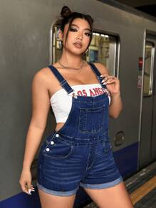 SHEIN CURVE+ Plus Size Women Cowgirl Style Denim Suspender Pants, Elastic Tight Fit, Casual Vacation Outfit For Autumn  Autumn Outfits For Women Festival Outfits