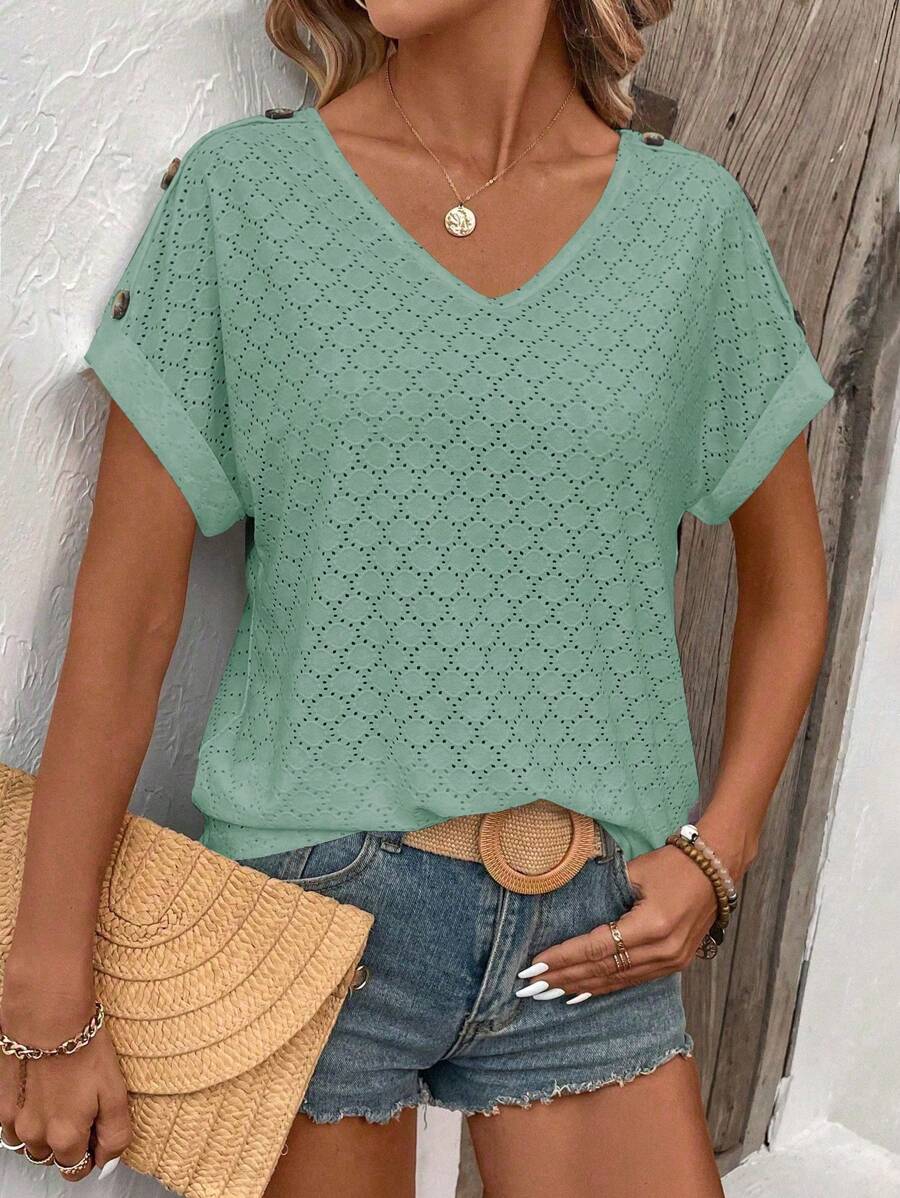EMERY ROSE 女士夏季純色V領蝙蝠短袖鈕扣裝飾休閒T恤 - 綠色 - 查看 1