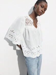 Maija Floral Collar Tie Casual Elegant Campus Blouse, Suitable For Independence Day, Graduation Season, Spring/Summer, Vacation, Beach, Everyday Wear