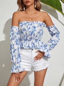 SHEIN VCAY Women's Floral Print Vacation Loose Shirt With Ruffle Hem And Off-Shoulder Design - Blue and White - View 1