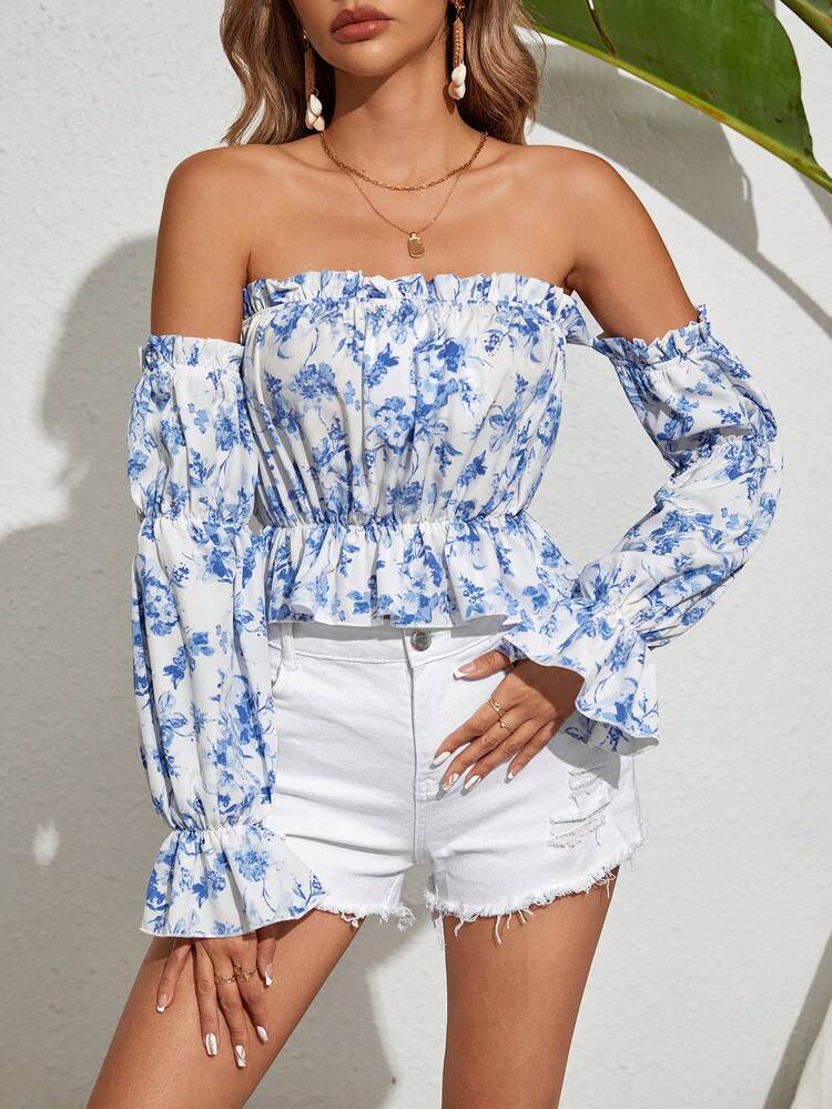 Women's Floral Print Vacation Loose Shirt With Ruffle Hem And Off-Shoulder Design