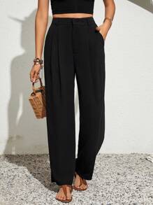 SHEIN VCAY Solid Color Elastic Waist Belt Pocketed Casual Straight-Leg Pants - Black - View 1