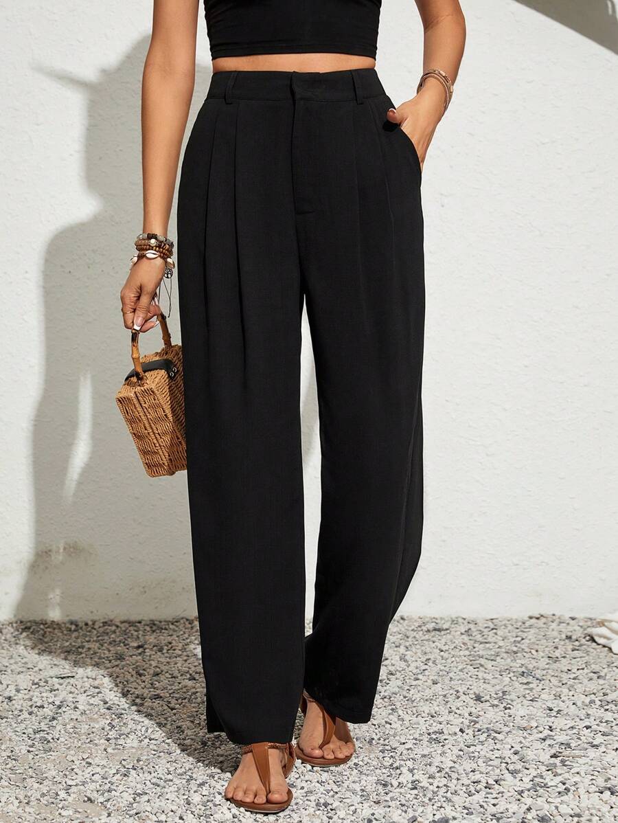 SHEIN VCAY Solid Color Elastic Waist Belt Pocketed Casual Straight-Leg Pants - Black - View 1