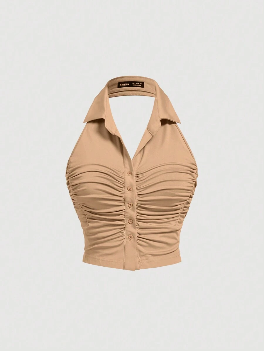 SHEIN MOD 女式纯色褶皱单排扣无袖上衣,背部镂空,夏季 - 卡其色 - 查看 1