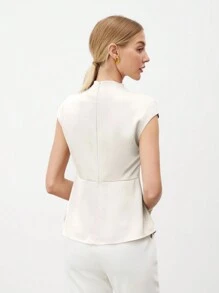 SHEIN BIZwear Camisa elegante de verano para mujer con cuello de soporte, mangas cortas plisadas y un unicolor