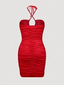 Vintage Sexy Lady Pleated Hollow Out Solid Color Dress For Women