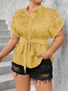 SHEIN Unity Plus Size Single-Breasted Batwing Sleeve Shirt With Waist Belt For Summer - Yellow - View 1