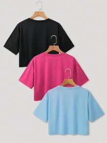 INAWLY Women's Summer Solid Color Round Neck Drop Shoulder Short Sleeve Loose Casual T-Shirt - Multicolor - View 2