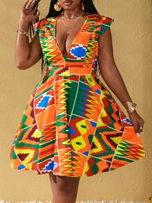 Maweii Robe d'été sexy grande taille sans manches à motif géométrique col en V profond - Multicolore - Voir 3