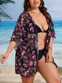 Plus Size Women's Floral Printed Simple Daily Kimono Dress - Multicolor - View 3